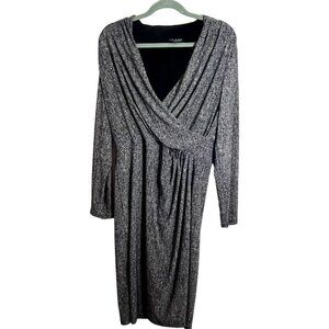 Lauren Ralph Lauren Dress 14 Black Striped Neutral Wrap Midi Preppy Old Money